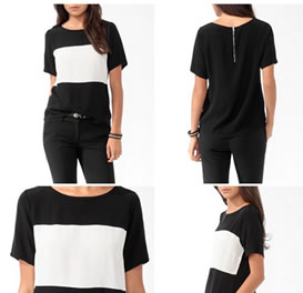 カラーブロックフロントボクシィトップの女性が着ている写真