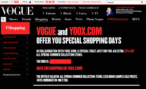 YOOXとVogueのタイアップ15％OFFクーポン　2013年5月