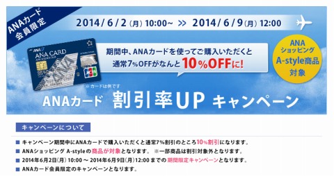 A-style　ANAカードの割引率を10%へアップ