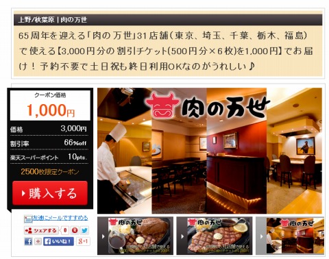 楽天のRaCouponで肉の万世の割引チケットが33%OFF