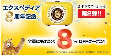 エクスペディア　8周年記念8%クーポン