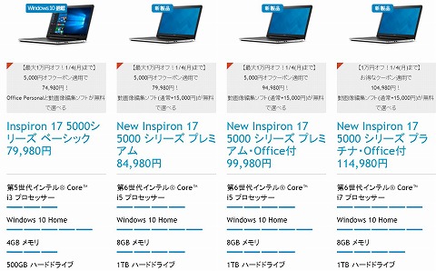 New Inspiron 17 5000シリーズの構成と一覧